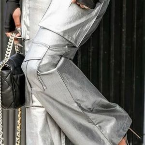 Xpluswear Metallic Silver Faux Leather Cargo Pants size XL 14-16